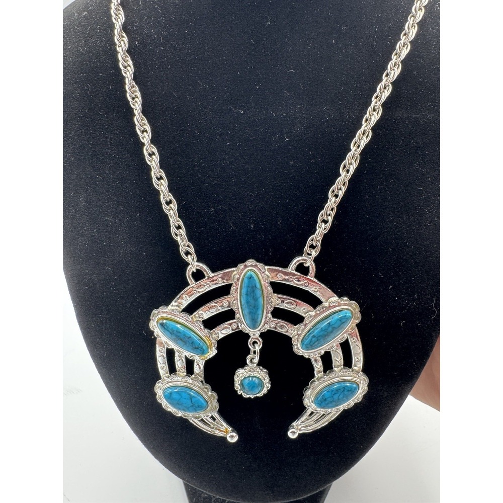 Faux Turquoise Large Crescent Shaped‎ Pendant Necklace